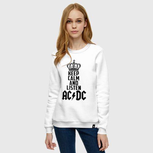 Женский свитшот хлопок с принтом Keep calm and listen AC/DC, фото на моделе #1