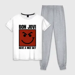 Женская пижама с белой футболкой хлопок Bon Jovi, have a nice day