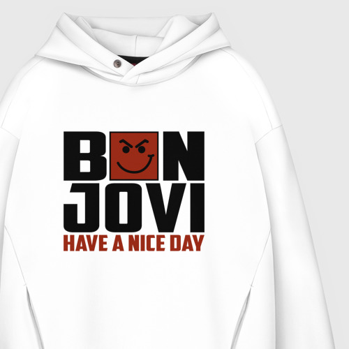 Мужское худи Oversize хлопок Bon Jovi, have a nice day, цвет белый - фото 4