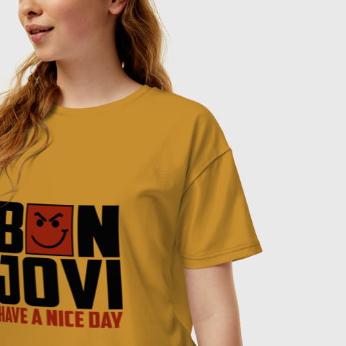 Женская футболка хлопок Oversize Bon Jovi, have a nice day, цвет горчичный - фото 3