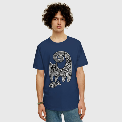 Мужская футболка хлопок Oversize Кот3, цвет темно-синий - фото 3