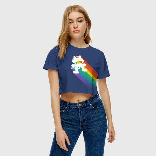Женская футболка Crop-top 3D Rainbow cat, цвет 3D печать - фото 3