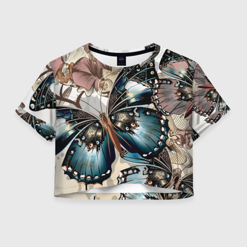 Женская футболка Crop-top 3D Бабочки Фото 01 Женская футболка Crop-top 3D Бабочки Фото 01