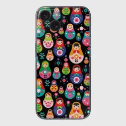 Чехол для iPhone 15 силиконовый с защитой камеры Матрешки