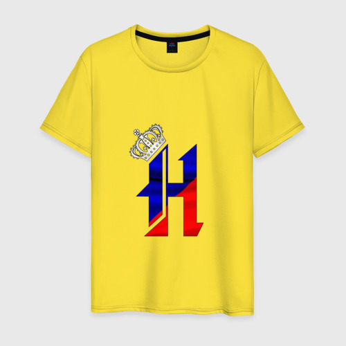 Мужская футболка хлопок Буква Н в короне, на флаге РФ, цвет желтый