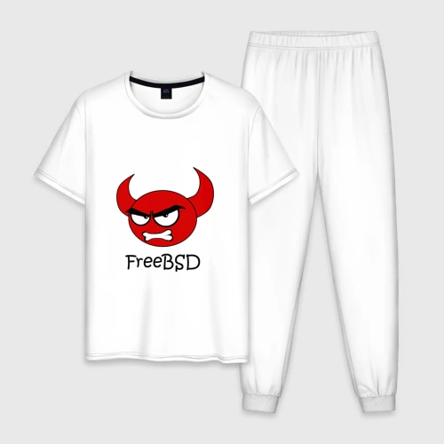 Мужская пижама с белой футболкой хлопок FreeBSD демон