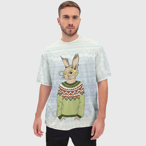Мужская футболка oversize 3D Кролик хипстер, цвет 3D печать - фото 3
