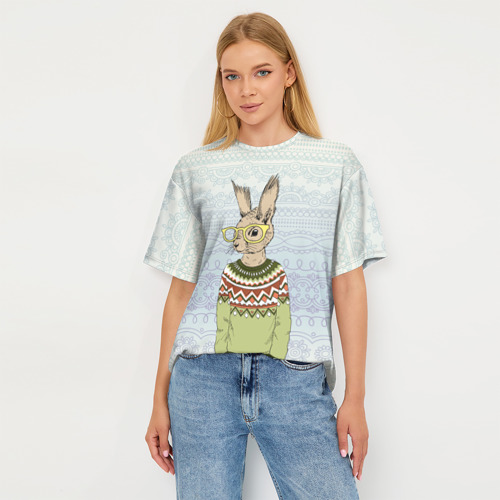 Женская футболка oversize 3D Кролик хипстер, цвет 3D печать - фото 5