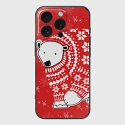 Чехол для iPhone 16 Pro Max силиконовый с защитой камеры Белый медведь в свитере