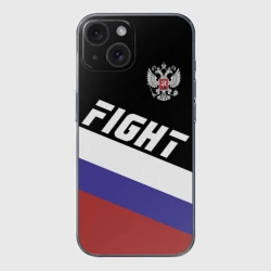 Чехол для iPhone 15 силиконовый с защитой камеры Fight Russia герб и флаг