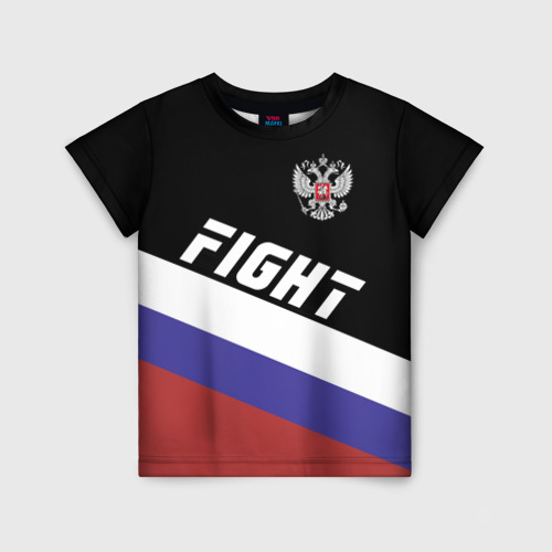 Детская футболка с принтом Fight Russia герб и флаг, вид спереди №1