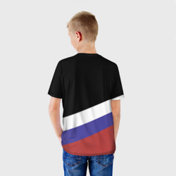 Футболка с принтом Fight Russia герб и флаг для ребенка, вид на модели сзади №2. Цвет основы: белый