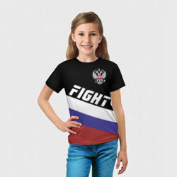 Футболка с принтом Fight Russia герб и флаг для ребенка, вид на модели спереди №3. Цвет основы: белый