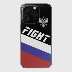 Чехол для iPhone 15 Pro силиконовый с защитой камеры Fight Russia герб и флаг