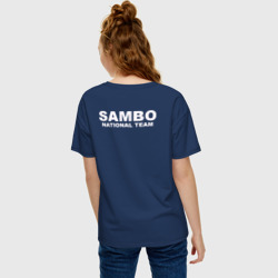 Футболка с принтом Sambo National Team для женщины, вид на модели сзади №2. Цвет основы: темно-синий