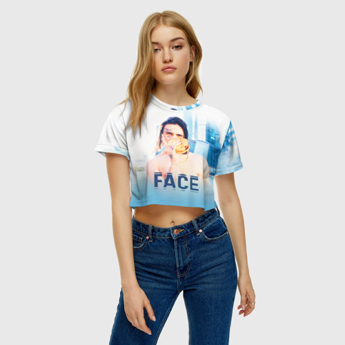 Женская футболка Crop-top 3D Face and Burger, цвет 3D печать - фото 3