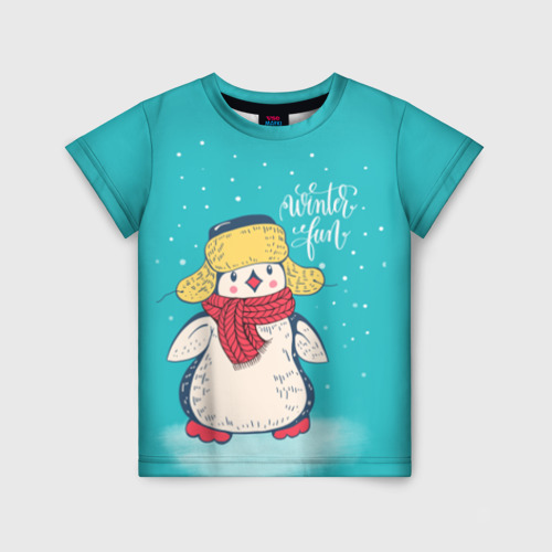 Детская футболка 3D с принтом Пингвин в шарфе, вид спереди #2