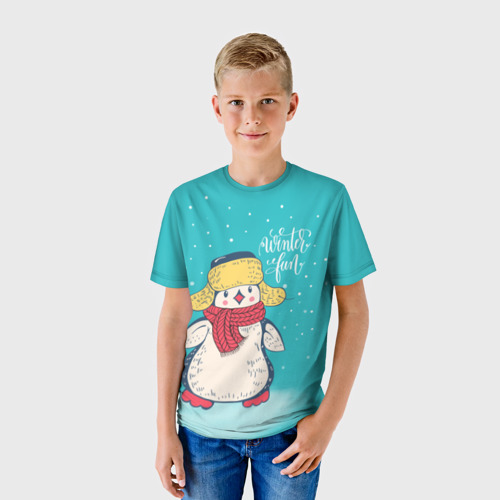 Детская футболка 3D с принтом Пингвин в шарфе, фото на моделе #1