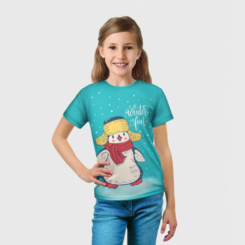 Детская футболка 3D с принтом Пингвин в шарфе, вид сбоку #3