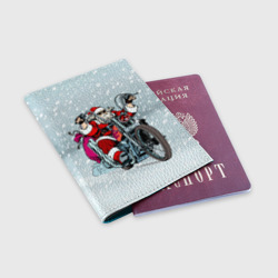 Обложка для паспорта матовая кожа Санта Клаус - байкер и снегопад - фото 2