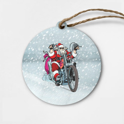Деревянная игрушка круг Санта Клаус - байкер и снегопад