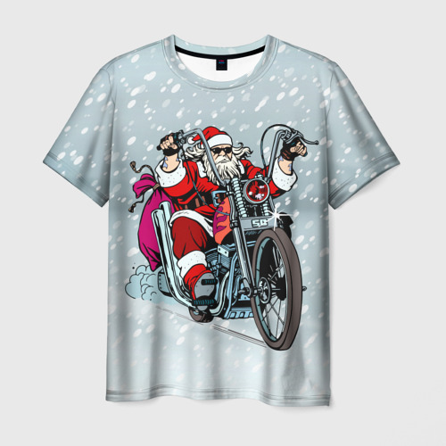 Мужская футболка с принтом Санта Клаус - байкер и снегопад, вид спереди №1