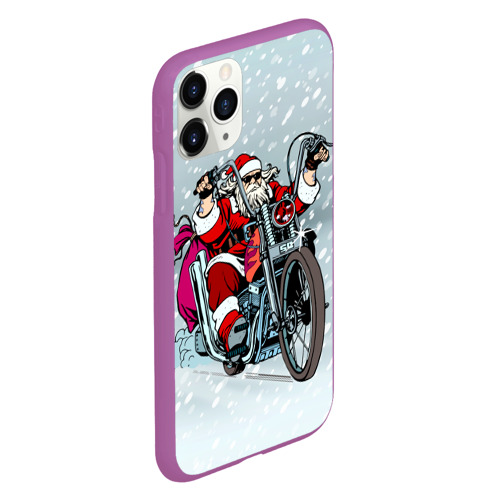 Чехол для iPhone 11 Pro матовый Санта Клаус - байкер и снегопад, цвет фиолетовый - фото 3
