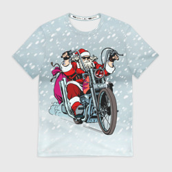 Мужская футболка 3D Санта Клаус - байкер и снегопад
