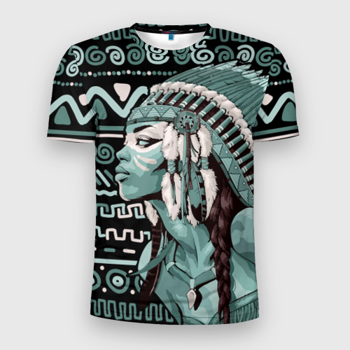 Мужская приталенная футболка с принтом Девушка индианка в роуче, вид спереди №1