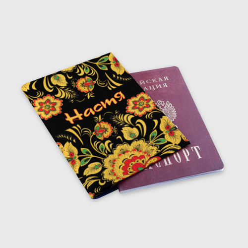 Обложка для паспорта матовая кожа Настя, роспись под хохлому, цвет синий - фото 3