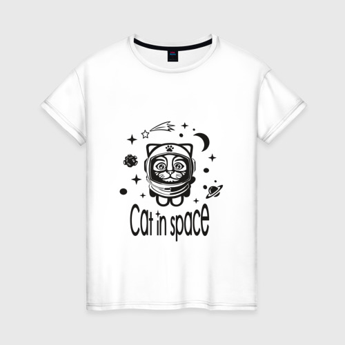 Женская футболка хлопок Кот в космосе, цвет белый