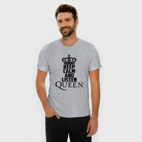 Мужская футболка хлопок Slim с принтом Keep calm and listen Queen, фото на моделе #1