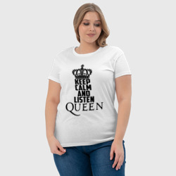 Футболка с принтом Keep calm and listen Queen для женщины, вид на модели спереди №4. Цвет основы: белый