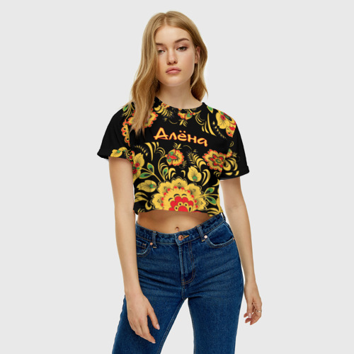 Женская футболка Crop-top 3D Алёна, роспись под хохлому, цвет 3D печать - фото 3