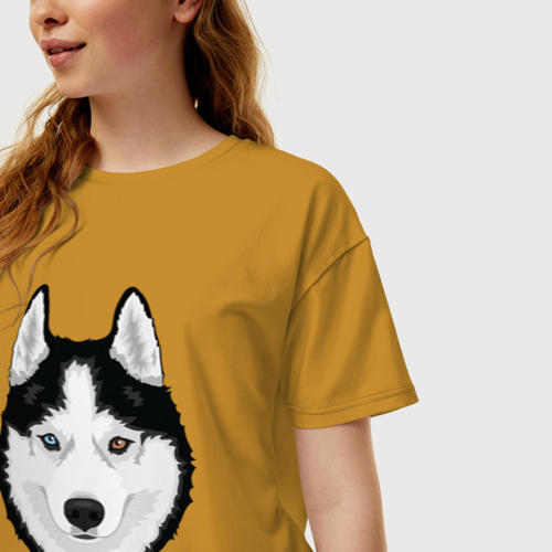 Женская футболка хлопок Oversize Хаски с разными глазами, цвет горчичный - фото 3