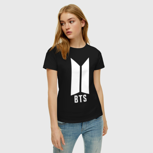 Женская футболка хлопок BTS army white, цвет черный - фото 3