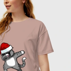 Женская футболка хлопок Oversize Dab Cat Santa - фото 2