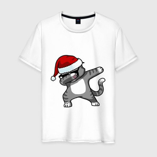 Мужская футболка хлопок Dab Cat Santa, цвет белый