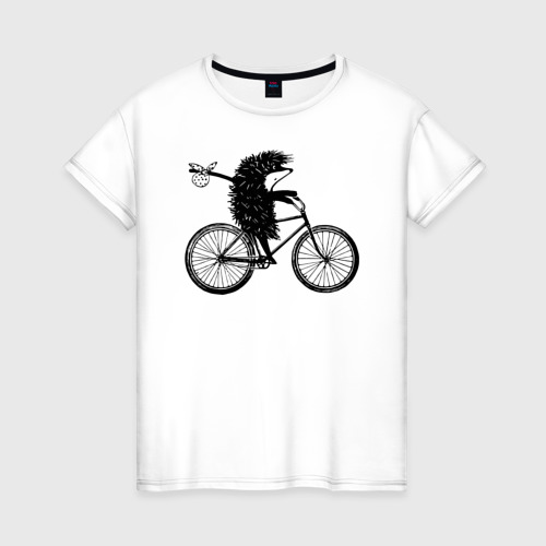 Женская футболка из хлопка с принтом Ежик на велосипеде, вид спереди №1