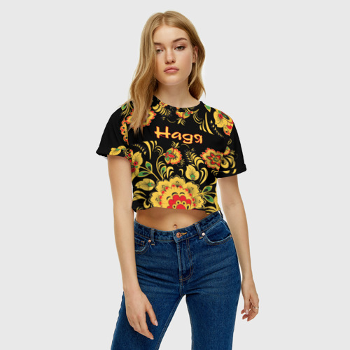 Женская футболка Crop-top 3D Надя, роспись под хохлому, цвет 3D печать - фото 3