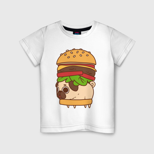 Детская футболка из хлопка с принтом Мопс-бургер, вид спереди №1