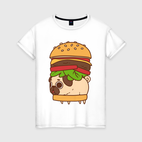 Женская футболка хлопок Мопс-бургер, цвет белый