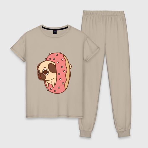 Женская пижама хлопок Мопс-пончик, цвет миндальный