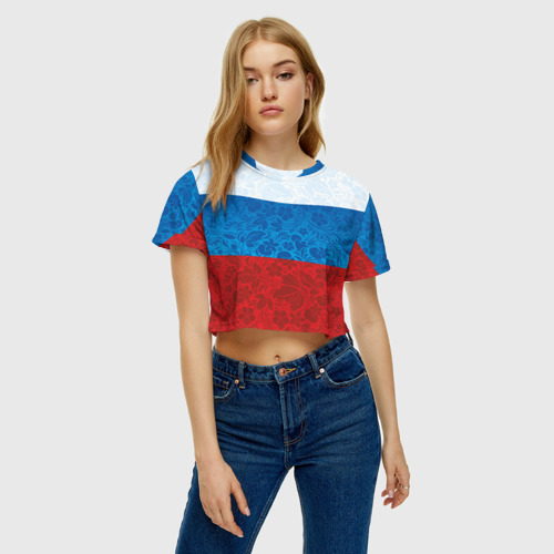 Женская футболка Crop-top 3D Россия хохлома триколор, цвет 3D печать - фото 3