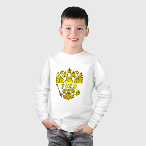 Детский лонгслив хлопок Глеб в золотом гербе РФ, цвет белый - фото 3