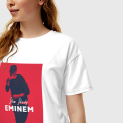 Футболка с принтом Eminem Slim Shady для женщины, вид на модели спереди №2. Цвет основы: белый