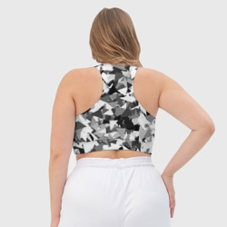 Топ с принтом Городской серый камуфляж для женщины, вид на модели сзади №3. Цвет основы: белый