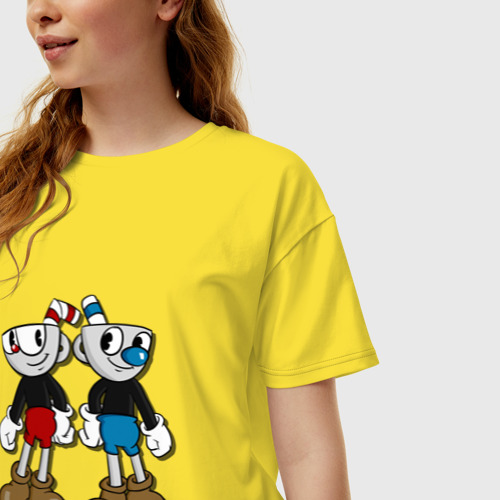 Женская футболка хлопок Oversize Cuphead/Mugman, цвет желтый - фото 3