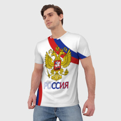 Футболка с принтом Россия Триколор для женщины, вид на модели спереди №2. Цвет основы: белый