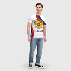 Футболка с принтом Россия Триколор для мужчины, вид на модели спереди №3. Цвет основы: белый
